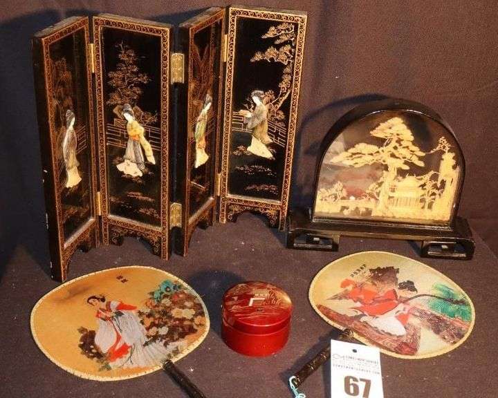 Variety of Vintage items From Japan: Chinese Cork Carving Diorama, Mother of Pearl Decorative Divided Tray & Small Plates in box, Silk Fan etc. image