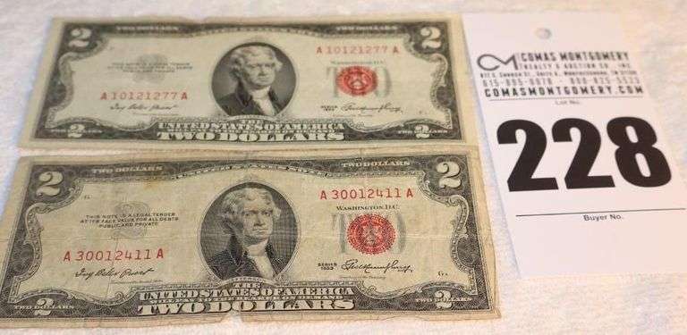 2 - Two Dollar Bills $2.00  Red Stamp 1953 & 1953 image