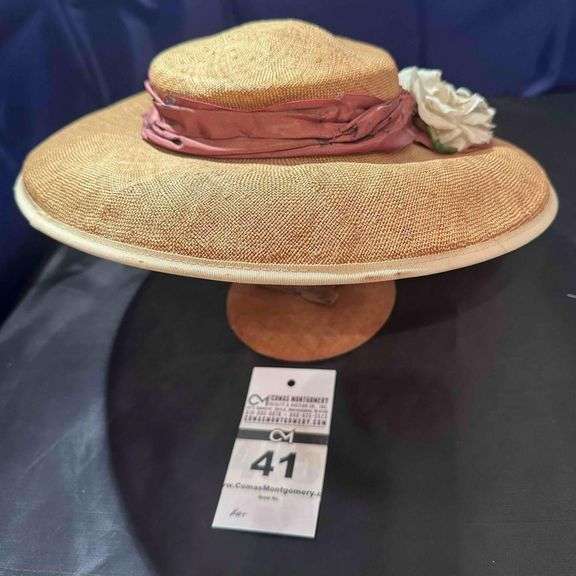 Hat - Wide Brim Tight Weave Straw, with Mauve Ribbon and White Silk Flowers image