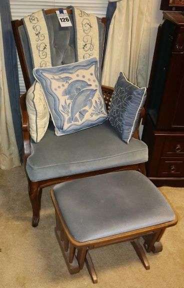 Wood Framed Chair (40"x27"x18") with Gliding Ottoman (13"x21") - Both with Light Blue upholder image