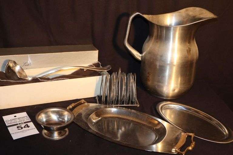 Varity of Silverplate Items: Serving Ladle in box, Oversized Aluminum West Bend Pitcher and additional items image