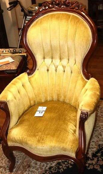 Vintage Victorian Parlor Chair with Carved Wood Frame and Arms 42.5"x27"x20" image