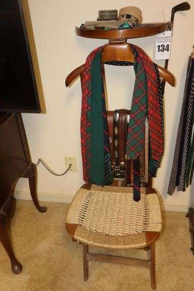 Butler Stand (46.5"x17") with Seat and shelf with a Variety of Belts (with some unique Belt Buckles) & ties image