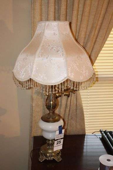 Vintage Table Lamp with Gold Tone and White Milk Glass Style - Fringe Brocade Lampshade with Scalloped Edges      30"x17"                               Matching Lot #26 image