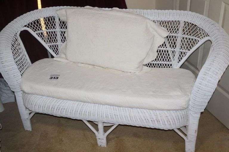 Vintage White Wicker Bench with cushion and Pillow      28"x57"x18"                              **Similar White Wicker Lots        #312-#323 image