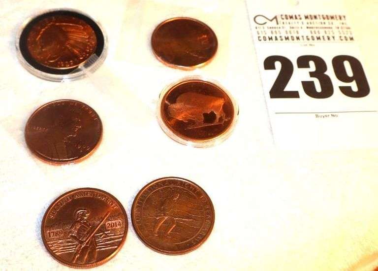 4 Copper Made Coins (1 oz each) & 2 Copper tone Medals/Tokens image