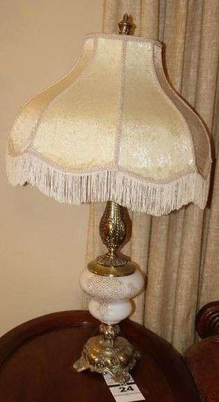 Vintage Table Lamp with Gold Tone and White Milk Glass Style - Hand Dot Design with Fringe Brocade Lampshade with Scalloped Edges     33"x17"                                  Matching Lot #23 image