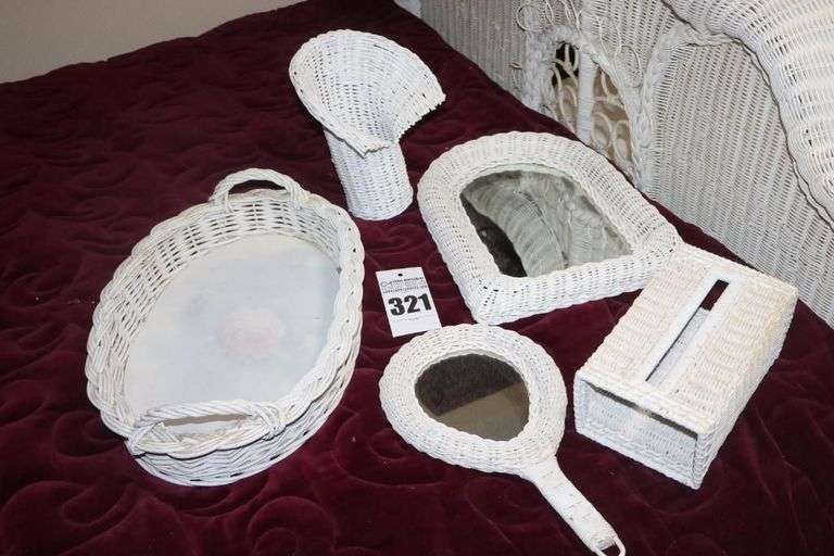 Vintage White Wicker  Items: Curved to Wall Mirror, Tissue Holder, Vase, Hand Mirror, etc.                                  **Similar White Wicker Lots       #312-#323 image
