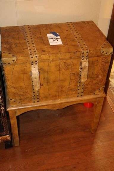 Vintage Decorative Trunk With Map Design - Leather Straps open Top On 4 legs 27.5"x21.5"x12.5" image