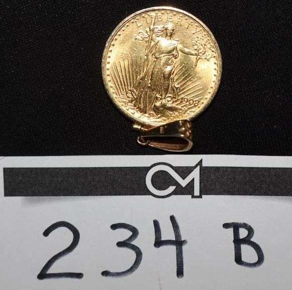 1908 Twenty Dollar $20.00 American Gold Eagle Gold Bezel Pendent Liberty image