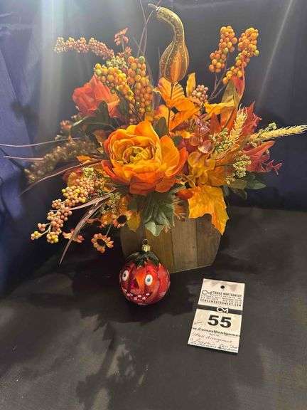Fall / Halloween Décor - Christopher Radko "Junior Jack" Hand blown Ornament & Fall Floral Arrangement in Wooden Box image