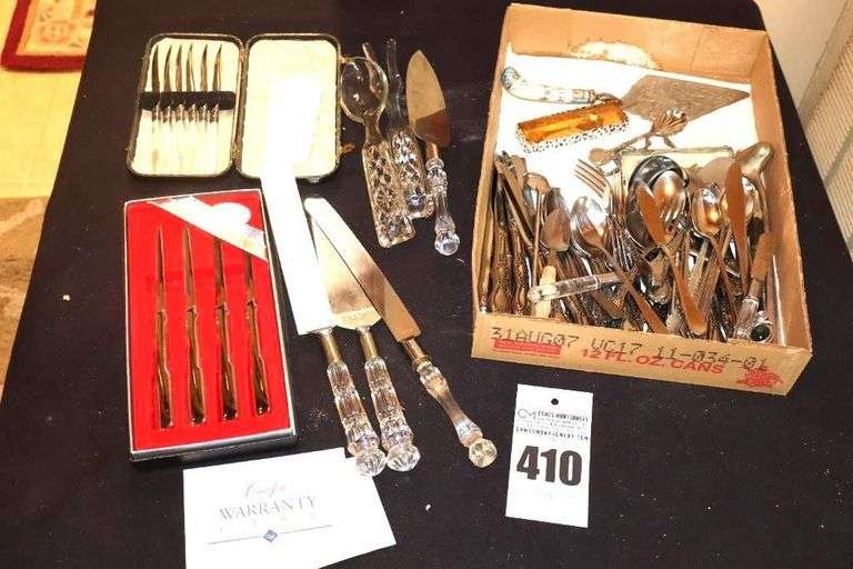 Variety of Partial set of Flatware, Serving Pieces, Set of Carved Hall Knives, Vintage Set of Pearl Handled Steak Knives (made in England Williams Adams) etc. image