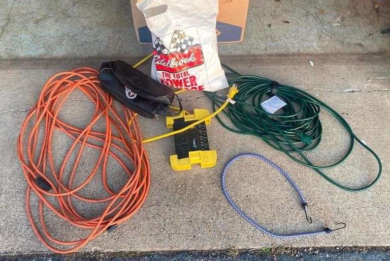 Box Lot of Extension Cords, Tie-Down, Tool Bag & More image