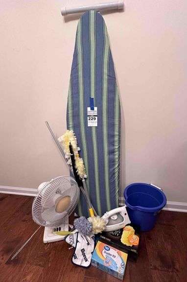 Misc Cleaning Supplies, Ironing Board, Iron, Fan, Dusting image