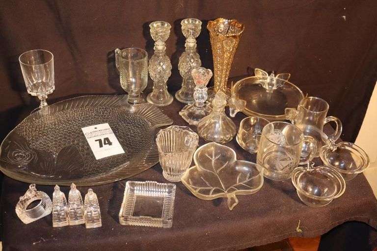 Variety of Glass items: Fish Shaped Tray, Napkin Rings, Creamer, Bowls, Glasses, Candle Sticks, oil jar etc. image