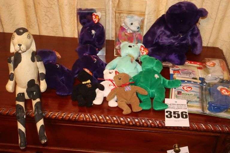 Variety of Vintage Ty Babies - 2 in cases, 2 new in package & unique wood jointed Dog image