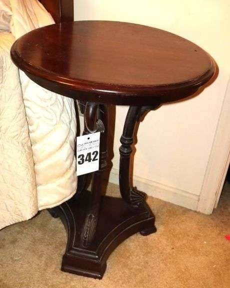 Vintage Dark Wood Round Carved Side Table with 3 Prong Stand  27.5"x21.5"x21.5" image
