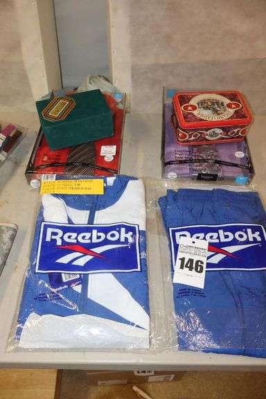 2 New in Package Haggar Dress Shirts with Ties, Reebok Sweat suit (Jacket & Pants), English Leather & Devin Aramis Colognes (still in Boxes)  L/XL image