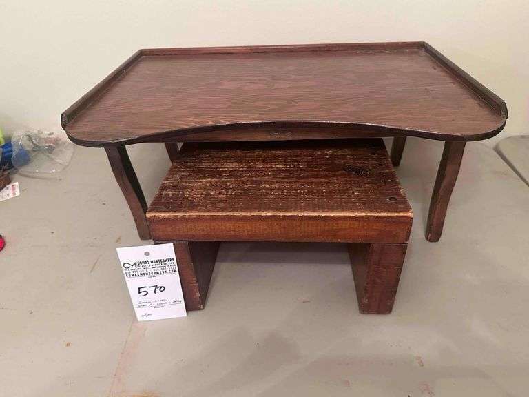Small Wooden Stool (6 1/2" x 11 1/4") & Antique Standing / Folding Tray (21" x 15 x 9 1/4") image