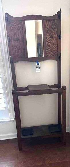 Antique Oak Hall Tree with Mirror & Hooks image
