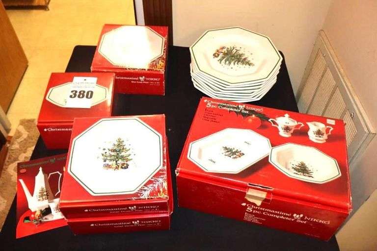 Set of Nikko "Christmas Time" Dishes: 8 Dinner Plates, 8 Dessert Plates, 8 Cups, 8 Saucers, 4 Soup Bowls, 4 Everyday Bowls                    **Match Lot # 381 image