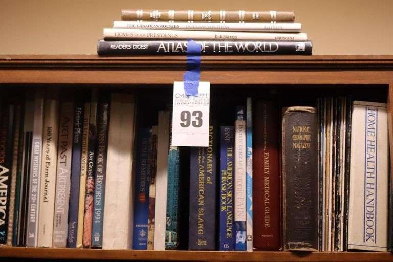 Shelf of Variety of Books: Atlas, Dictionary, Medical, Genniss Books, America, Art, President Homes, Etc.                         **Buyer Bring Boxes to remove from shelves image