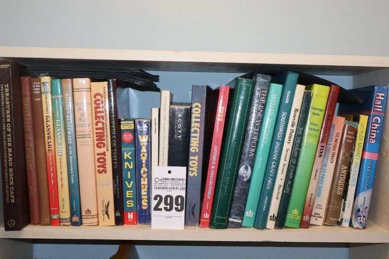 Variety of Reference books for Buying and Selling Collectables (mostly Hardback): China, Stamps, Antiques, Flea Markets, Toys, Pottery, Knives, Watches, Glassware etc.                                       **Buyer bring boxes to remove image
