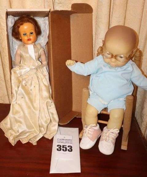 2 Vintage Dolls - Plush Doll in small Rocker & Bride Doll image