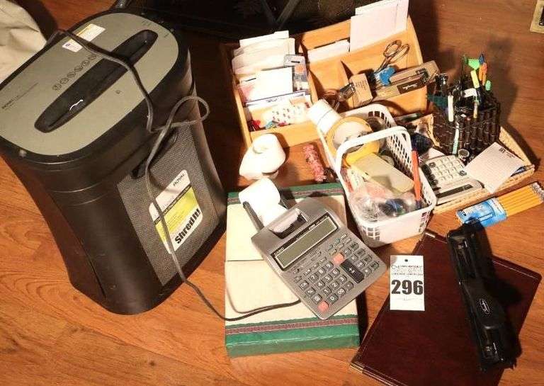 Variety of office items: Note Rack, Paper Shredder, Calculator, Stationary, Pencils, Pens, Pads. Stapler, Tape etc. image