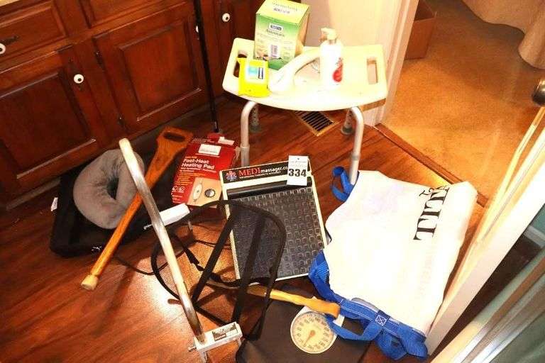 Variety of Health Items: Shower Bench, Heat Pad, Patient Moving Pad, Canes, Medi Massager (Therapeutic), Scale, Walking Stick, Cane, Bath tub Bar, etc. image