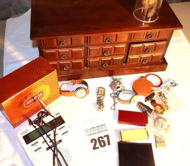 Men Jewelry Box, New In Box Aramis Colone, Weather Radio, Wallet Knives, Money Clip, Key Chains, Pocket Watch etc. image