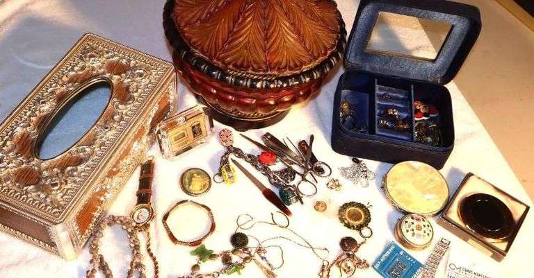 Variety of Ladie items: Lidded Box with a few items, Tissue Holder, Rings, Watch, Necklaces, Bracelets, Earrings, Pins, Clock, Jewelry boxes, etc. image