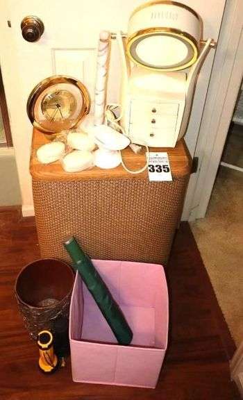 Flip Top Laundry Hamper, Lotion, Storage Box, Gold Tone Boliva Clock, Trash Bin, Soap, Marble Towle Holder, Makeup Mirror (lighted) flashlight, umbrella etc. image