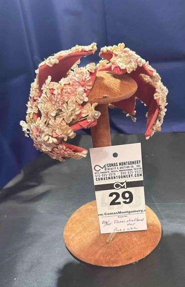 Hat - Antique Floral Headpiece / Decorative Hat Pink with Velvet Flowers image