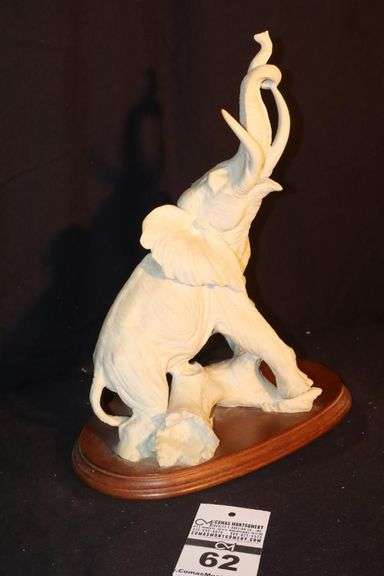 Vintage Alabaster Sculpture of Elephant with Trunk Raises by Italian Artist A. Belcari - mounted on Wood 15" image