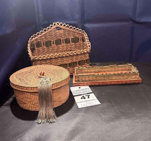 3 - Woven "Sweet Grass Items"  1 Baskets with Lids  1 - mail caddy, 1 smaill woven tray on a wood base image