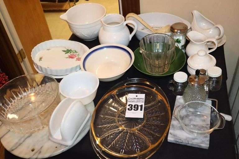Variety of Cooking/Serving Items: Pie Plates, Casserole Dishes, Bowls, Platter, Salt& pepper set, Marble Cheese Cutter, Sugar Bowls, Creamers, Gravy Boat, Ie Bucket, Pitcher Mixing Bowls (one small creamer was broken) image