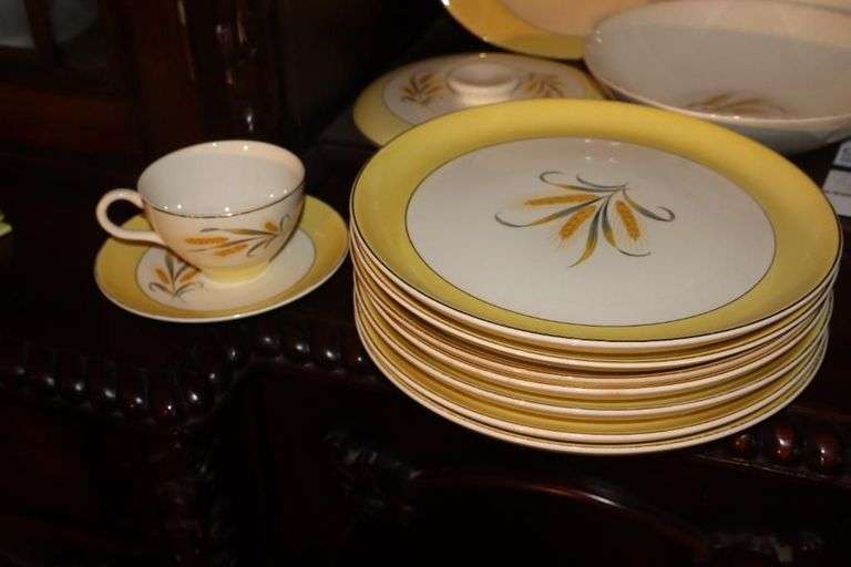 Variety of Pieces of Vintage "Goldcrest" China" items: 7 Plates, Cup and Saucer, 2 Serving Trays, 2 Bowls, Creamer, Sugar Bowl, 2 Coffee Pots, & additional pieces of similar design image
