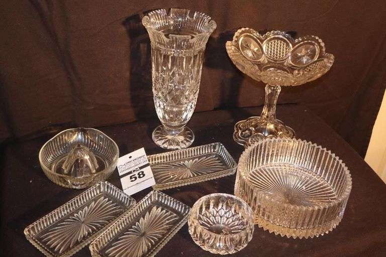 Variety of Glass/Crystal serving Items: Large Glass Vase, Pedestal Dish, Serving Bowl, Juicer, Plates, Bowls etc. image
