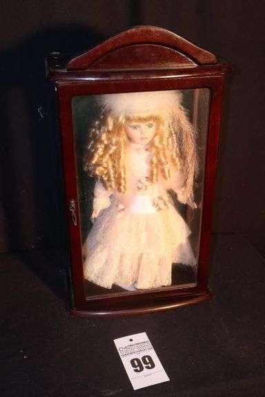 Vintage Limited Edition "Little Ladies" Porcelain Doll in Wood/Glass Case 17" image