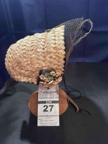 Hat - Antique Straw Bonnet with a Veil & Trimmed in Black with Velvet Flowers image