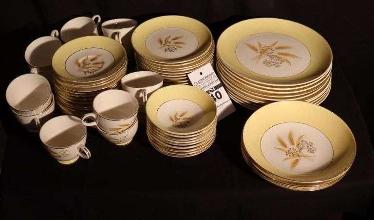 Vintage Semi Vitreous Century Service Set of China "Autumn Gold": 10 Dinner Plates, 4 Salad Bowls, 15 Dessert Plates, 9 Dessert Bowls, 12 Cups & 14 Saucers image