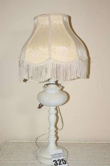 Tall Milk Glass Style Table Lamp with shade with fringe 27"x12" image
