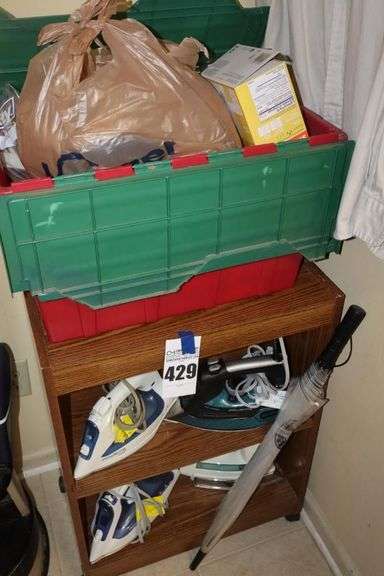 Rolling Wood Cart/Shelf (29"x22"x14.5"), 4 Irons, Umbrella, Tub with a Variety of Bulbs - different sizes and styles etc. image