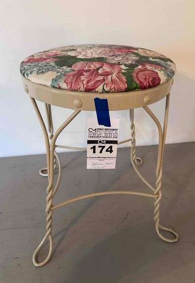 Vintage Wrough Iron Vanity Stool  with floral upholstrery image