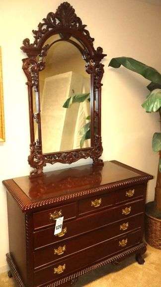 Dark Wood Dresser with Ornate Wood Mirror - 6 Drawers with Glass Top  88"x45.5"x20.5" image