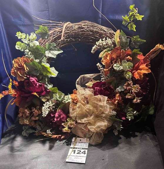 Grape Vine Wreath with Cream Bow with Orange flowers & Ivy image