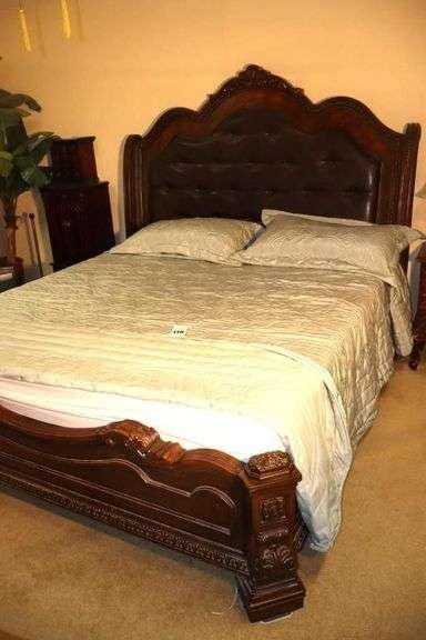 Ashley Dark Cherry Wood California King Sleigh Headboard (71"x83", Footboard (23"x83") & side rails(93") Upholstered with Faux Leather (some wear) - Light Blue Bedspread with matching pillow Shames image