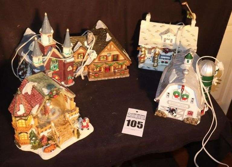 5 Decorative Christmas Village Buildings (4 lights up & one water Globe needs water & batteries) image