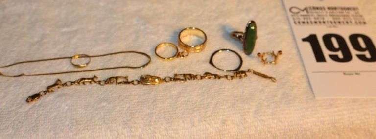 Variety of Gold Filled/10K Gold items: 2 Bracelets, Emerald Style Stone Ring (7.5), & additional Items (ring size 8) image